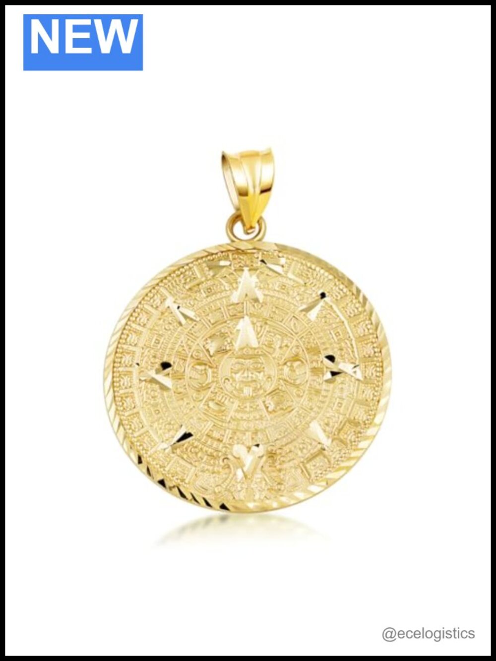 Aztec Mayan Calendar Medallion Pendant Necklace Solid Gold
